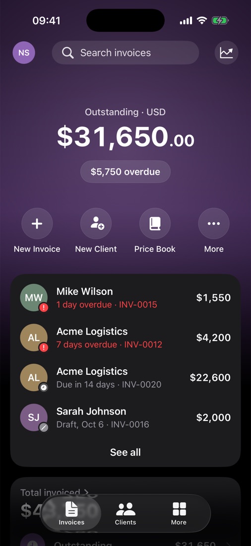 Zen home screen showing $31,650 outstanding and recent invoices